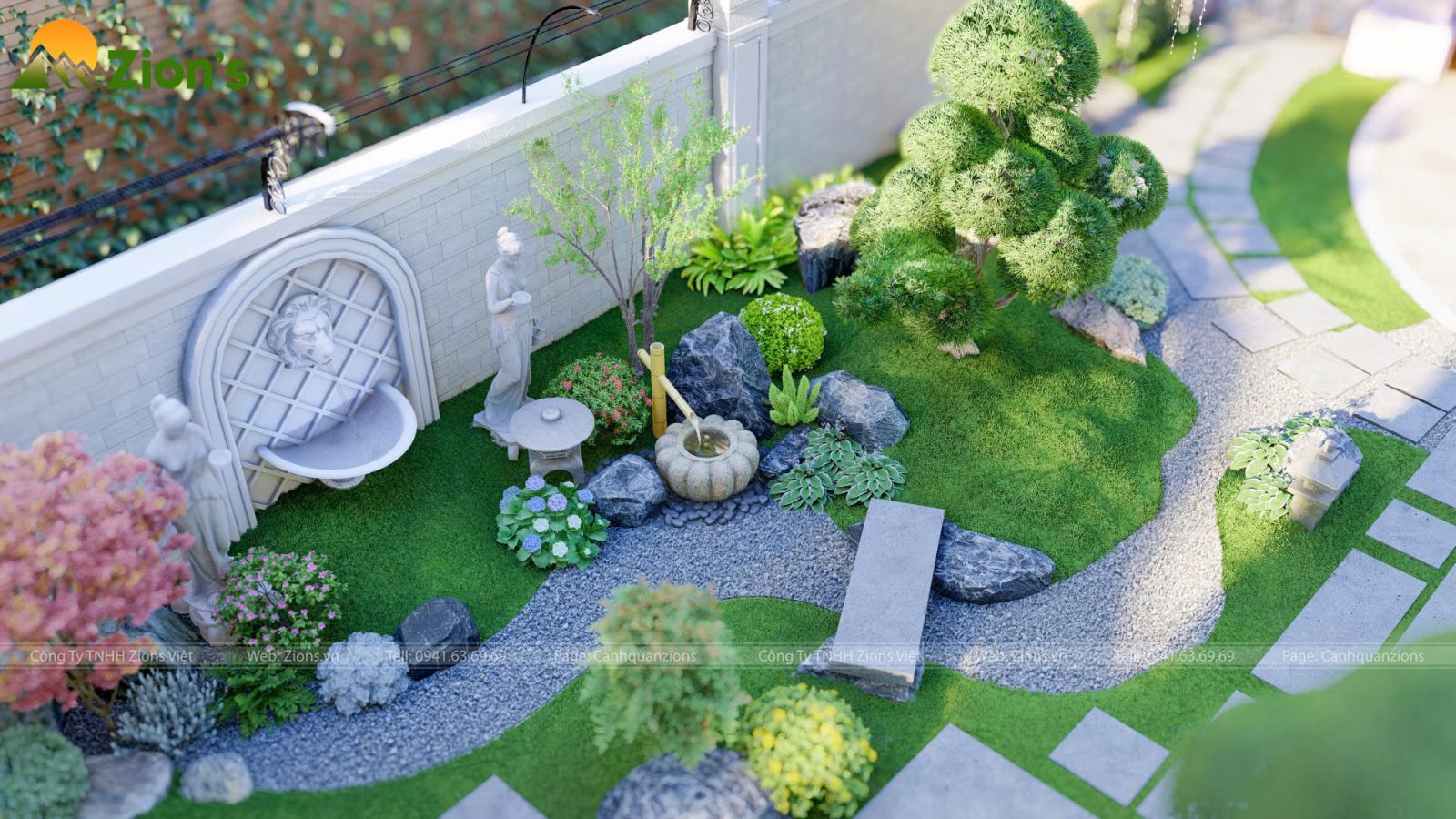 Thiết kế sân vườn Nhật Bản kết hợp kiến trúc Châu Âu